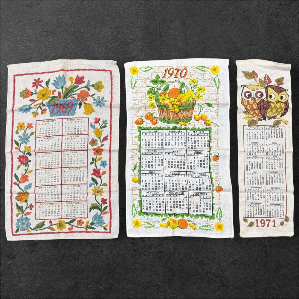 Vtg Calendar Tea Towel Set 1969 1970 1971 Linen Kitchen Decor Owls Floral Fruit